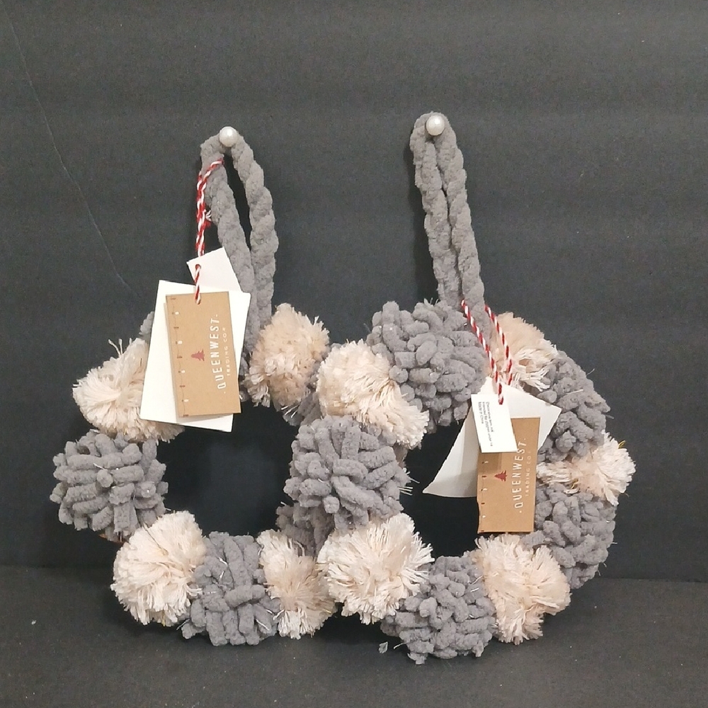 Holiday Christmas Gray & Cream 7.5" Wreath by Queenwest  NEW 2 Pcs.